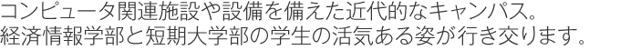 コンピュータ関連施設や設備を備えた近代的なキャンパス。経済情報学部と短期大学部の学生の活気ある姿が行き交ります。