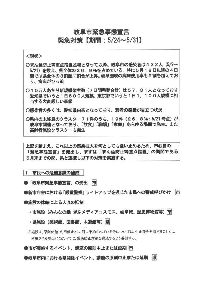 岐阜市緊急事態宣言発令について